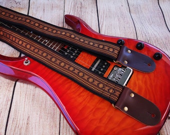 Correa de guitarra, Correa de guitarra ajustable y personalizada con extremos de cuero, Para guitarras acústicas o bajas eléctricas, SAHARA