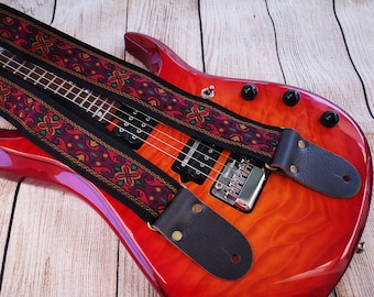 Floral Guitar Strap, Wooven, Embroidered For Electric, Acoustic or Bass Guitars, Adjustable, Personalized Strap with Leather Ends, "SOLOMON"