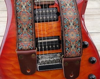 Gitarrrem, justerbar gravyr, personlig rem, "PLUTO", blommig guld & röd, läderändar, för el-akustiska gitarrer eller basgitarrer