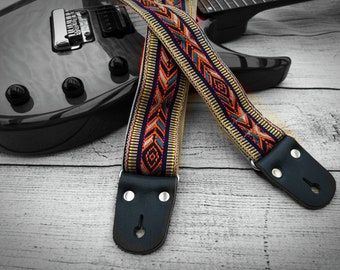 Cross Body Guitar Strap with Brown Leather Ends For Electric Acoustic or Bass Guitars, Adjustable, Engraving, Personalized Strap, "NEVADA"