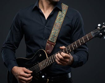 Personalized Guitar Strap, Woven Boho Tapestry Pattern, Vintage Jacquard Gift for Guitarists, SLEEVE