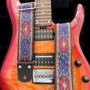 Guitar Strap, Adjustable Personalized Strap, &quot;GENESIS&quot;, Black Leather Ends, For Electric Acoustic or Bass Guitars, Engraving & Logo Options
