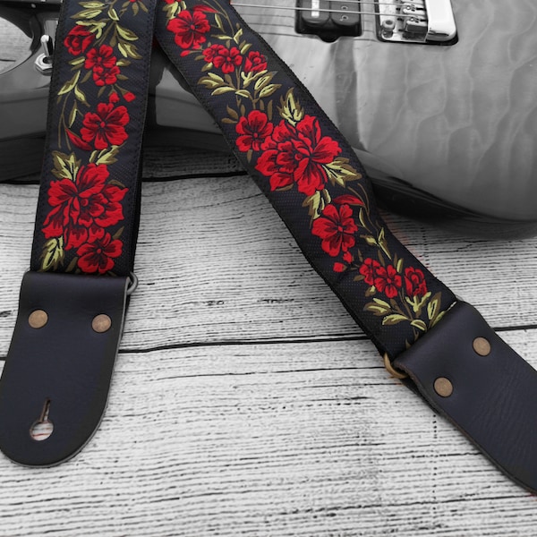 Cross Body Guitar Strap with Leather Ends For Electric Acoustic or Bass Guitars, Adjustable, Engraving, Personalized Floral Strap, ROSES