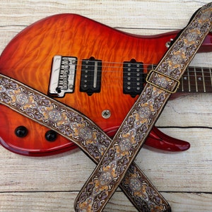 Guitar Strap, Adjustable Personalized Strap, &quot;UNIVERSE&quot;, Floral Brown Leather Ends, For Electric Acoustic or Bass Guitars, Engraving & Logo