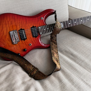 Guitar Strap, Adjustable Personalized Strap, "SUPERNOVA", Floral Brown Leather Ends, For Electric Acoustic or Bass Guitars, Engraving & Logo