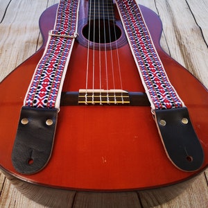 Adjustable Personalized Engraving Red & White Wooven Guitar Strap with Leather Ends For Electric Acoustic or Bass Guitars, &quot;WINSTON&quot;
