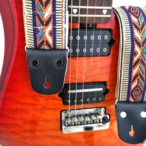 Cross Body Guitar Strap with Black Leather Ends For Electric Acoustic or Bass Guitars, Adjustable, Engraving, Personalized Strap, "NEVADA"