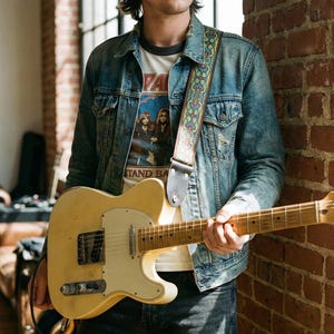 Vintage yellow and brown paisley guitar strap on a cream electric guitar held by a musician against a brick wall. Durable handmade accessory for a classic rock vibe.