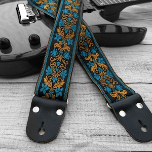 Guitar Strap, Adjustable Engraving Personalized Strap, "Galileo", Floral Gold & Blue, Leather Ends, for Electric Acoustic or Bass Guitars
