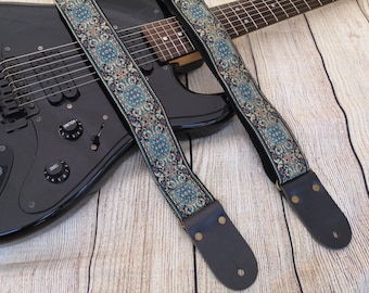 Gitarrengurt, Verstellbarer Personalisierter Gitarrengurt mit Lederenden, Für elektrische Akustik- oder Bassgitarren, Geblümt, GENESIS
