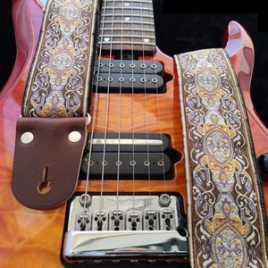 Guitar Strap, Adjustable Personalized Strap, &quot;UNIVERSE&quot;, Floral Brown Leather Ends, For Electric Acoustic or Bass Guitars, Engraving & Logo