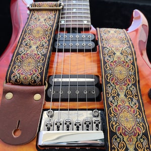 Guitar Strap, Adjustable Personalized Strap, "SUPERNOVA", Floral Brown Leather Ends, For Electric Acoustic or Bass Guitars, Engraving & Logo
