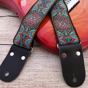 CrossBody Guitar Strap with Black Leather Ends For Electric Acoustic or Bass Guitars, Engraving, Adjustable Personalized Strap, &quot;NEWTON&quot;