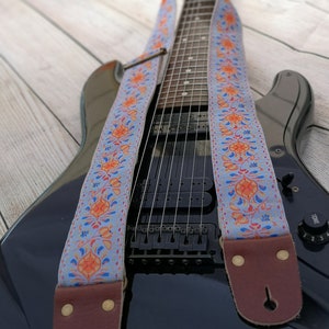 Guitar Strap, Adjustable Personalized Strap, &quot;MARS&quot;, Vintage, Brown Leather Ends, For Electric Acoustic and Bass Guitars, Engraving & Logo