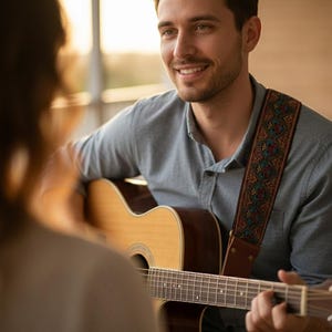 Smiling man playing acoustic guitar using a woven vintage strap during a jam session. Warm red and gold embroidery adds style to a cozy musical moment.