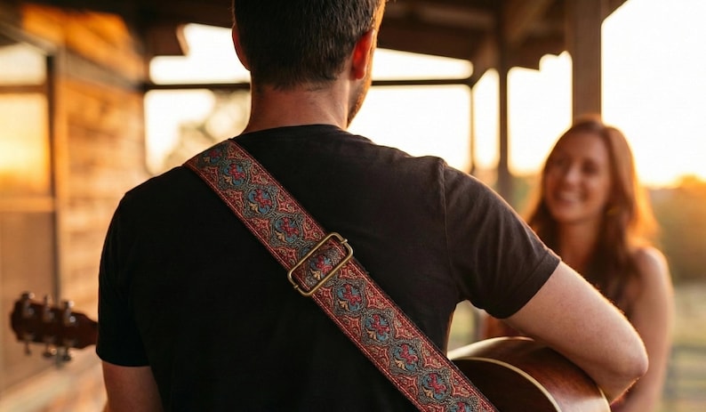 Musician viewed from behind playing acoustic guitar at sunset wearing a comfortable woven strap. Rustic red and gold embroidery fits a country music vibe.