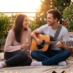 smiling man playing guitar with a patterned strap for a woman during a rooftop picnic. Stylish acoustic instrument accessory adding charm to romantic evenings.