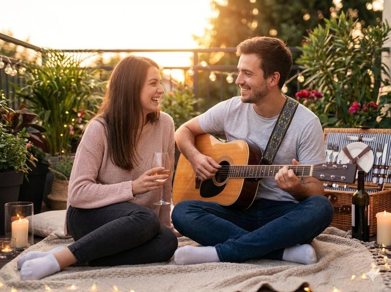 smiling man playing guitar with a patterned strap for a woman during a rooftop picnic. Stylish acoustic instrument accessory adding charm to romantic evenings.
