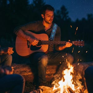 Man playing acoustic guitar by a campfire wearing a blue patterned guitar strap. Durable adjustable gear perfect for outdoor summer nights.