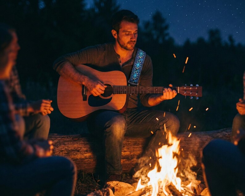 Man playing acoustic guitar by a campfire wearing a blue patterned guitar strap. Durable adjustable gear perfect for outdoor summer nights.