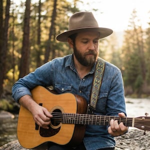 Rustic woven guitar strap with colorful paisley design on an acoustic guitar played in a sunny forest. Comfortable folk music accessory for outdoor nature sessions.