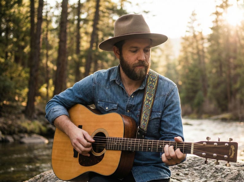 Rustic woven guitar strap with colorful paisley design on an acoustic guitar played in a sunny forest. Comfortable folk music accessory for outdoor nature sessions.