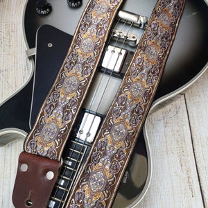 Guitar Strap, Adjustable Personalized Strap, "UNIVERSE", Floral Brown Leather Ends, For Electric Acoustic or Bass Guitars, Engraving & Logo