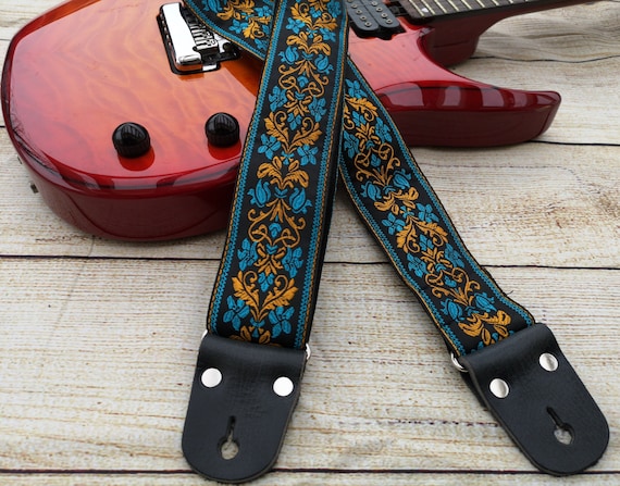 Correa de guitarra, correa personalizada de grabado ajustable, Galileo, oro  floral y azul, extremos de cuero, para guitarras acústicas eléctricas o  bajo -  México