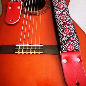 Guitar Strap, Adjustable Personalized Strap, "SATURN", Vintage, Red Leather Ends, For Electric Acoustic and Bass Guitars, Engraving & Logo