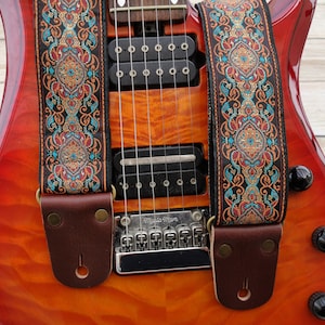 Guitar Strap, Adjustable Engraving Personalized Strap, &quot;PLUTO&quot;, Floral Gold & Red, Leather Ends, for Electric Acoustic or Bass Guitars