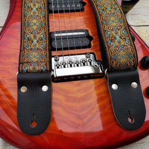 Floral Black Cross body Guitar Strap for Electric , Acoustic or Bass Guitars with Leather Ends, Adjustable Personalized Strap, &quot;NEVERLAND&quot;