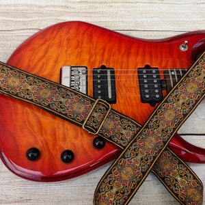 Guitar Strap, Adjustable Personalized Strap, &quot;SUPERNOVA&quot;, Floral Brown Leather Ends, For Electric Acoustic or Bass Guitars, Engraving & Logo