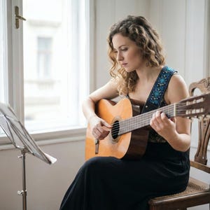 Woman playing classical guitar near a window featuring a blue floral guitar strap. Comfortable woven accessory with a boho vibe for musicians.
