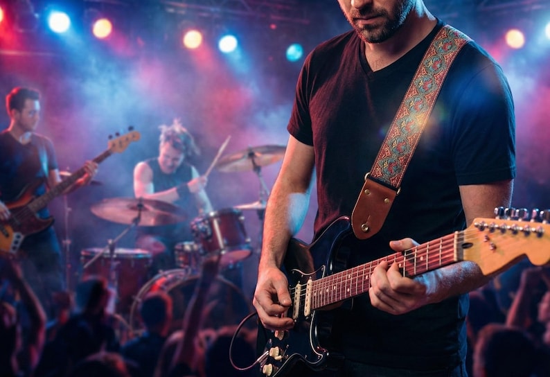 Guitarist playing a black electric guitar on stage with a band using a woven paisley strap. Stylish red and teal embroidery suits professional performances.