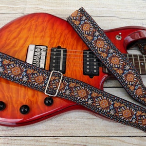 Guitar Strap, Adjustable Personalized Strap, "SATURN", Vintage, Black Leather Ends, For Electric Acoustic and Bass Guitars, Engraving & Logo
