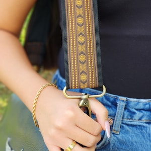 Adjustable Boho Woven Bag Purse Replacement Strap, Padded Retro Embroidered Guitar Replaceable Messenger Handbag strap, Brown Gold, PRESTIGE