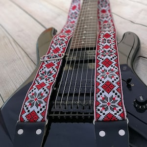 Guitar Strap, Adjustable, Personalized Engraving, Cross body Strap with Red Leather Ends, For Electric Acoustic or Bass Guitars, &quot;BAZOOKA&quot;