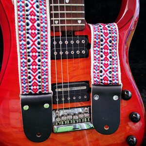 Red, White & Blue Guitar Strap, Adjustable Personalized Wooven Strap with Leather Ends For Electric Acoustic or Bass Guitars, &quot;WINSTON&quot;