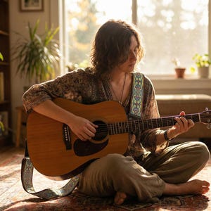 Boho style paisley guitar strap worn by a woman playing acoustic guitar in a sunlit living room. Comfortable woven strap perfect for cozy home practice sessions.