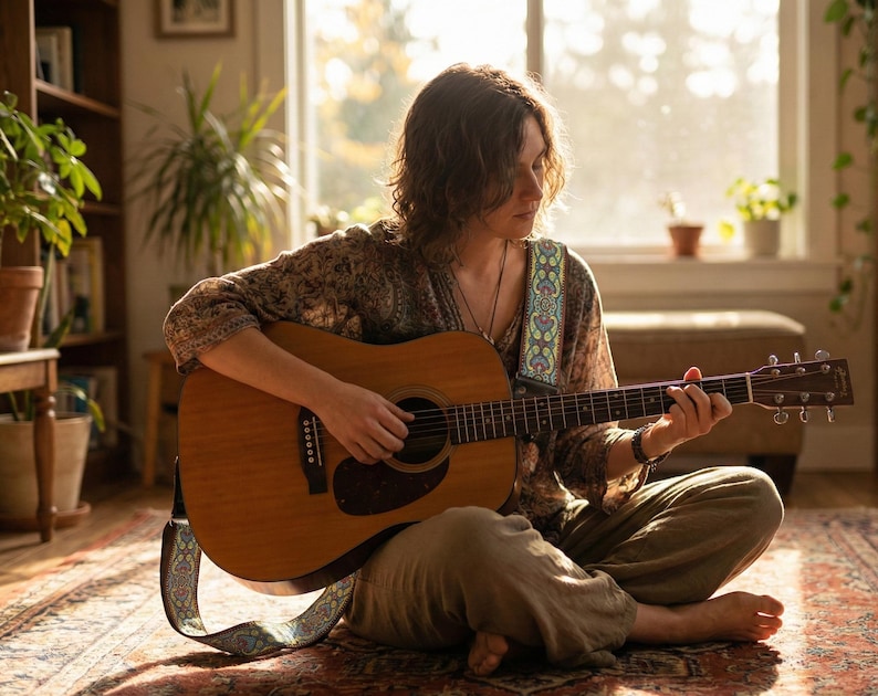 Boho style paisley guitar strap worn by a woman playing acoustic guitar in a sunlit living room. Comfortable woven strap perfect for cozy home practice sessions.