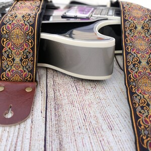 Guitar Strap, Adjustable Personalized Strap, &quot;SUPERNOVA&quot;, Floral Brown Leather Ends, For Electric Acoustic or Bass Guitars, Engraving & Logo
