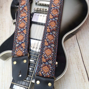 Guitar Strap, Adjustable Personalized Strap, &quot;SATURN&quot;, Vintage, Black Leather Ends, For Electric Acoustic and Bass Guitars, Engraving & Logo