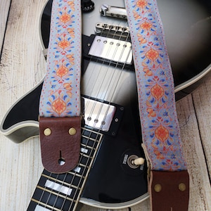 Guitar Strap, Adjustable Personalized Strap, &quot;MARS&quot;, Vintage, Brown Leather Ends, For Electric Acoustic and Bass Guitars, Engraving & Logo