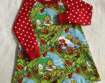 Kleid mit langen Ärmeln „Biene Maja, Willi und Flip" 74 bis 128 Punkte rot weiß Kinderkleid Geschenk Geburtstag Frühling