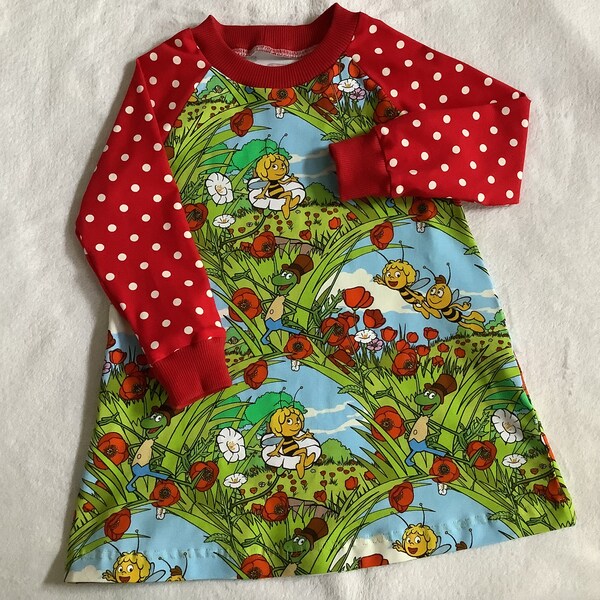 Kleid mit langen Ärmeln „Biene Maja, Willi und Flip" 74 bis 128 Punkte rot weiß Kinderkleid Geschenk Geburtstag Frühling