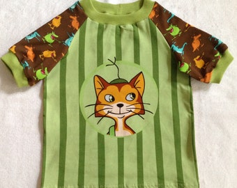 T-Shirt Gr. 98 "Findus" grün Kater Mucklas Kindershirt Geschenk Geburtstag Sommer Frühling Streifen