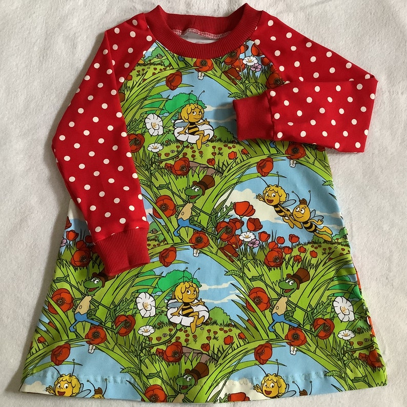 Kleid mit kurzen Ärmeln Biene Maja, Willi und Flip 74 bis 128 Punkte rot weiß Kinderkleid Geschenk Geburtstag Frühling Bild 4
