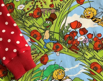 Kleid mit kurzen Ärmeln „Biene Maja, Willi und Flip" 74 bis 128 Punkte rot weiß Kinderkleid Geschenk Geburtstag Frühling