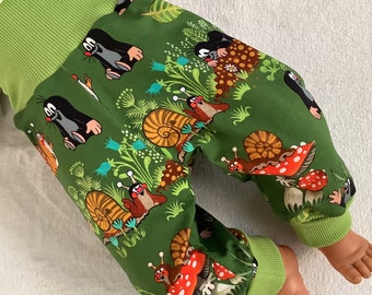 Pumphose Babyhose Kinderhose Maulwurf und Schnecke 3 Farben grün gelb Mitwachshose Tobehose Geschenk Geburt Taufe