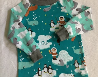 Kindershirt LA-Shirt Gr. 98 "Am Nordpol" Longsleeve Eisbär Wal Eskimo Wintershirt Geschenk Kinder unisex